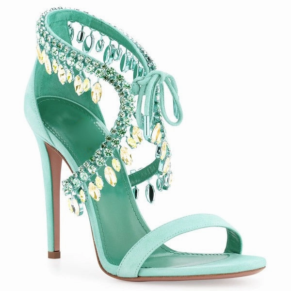 Sandals Royal Caribbean Resort Jamaica Reviews Luxury Diamond Crystal Embellished Fringed Suede Gladiator Sandals Women Ankle Tie Stiletto High Heels  party shoes