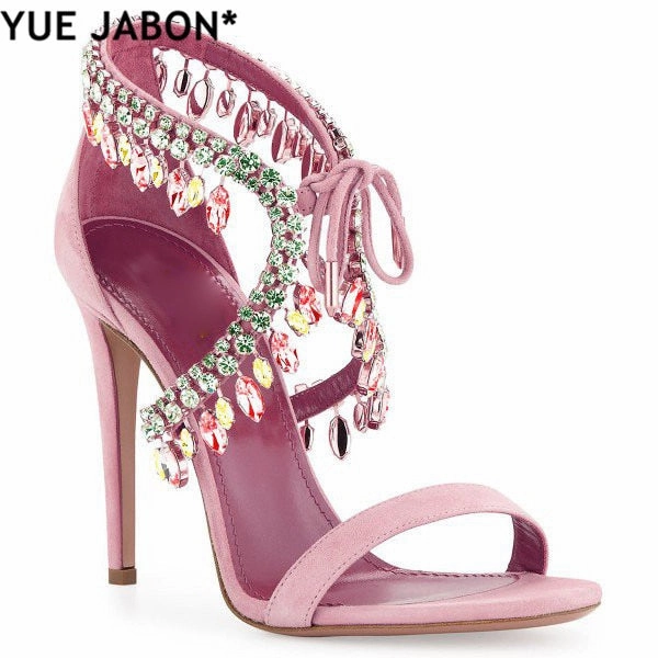 Luxury Diamond Crystal Embellished Fringed Suede Gladiator Sandals Women Ankle Tie Stiletto High Heels  party shoes Flat Sandals Size 12