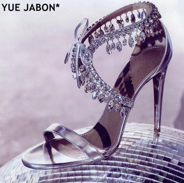 Strappy Wedge Sandals Luxury Diamond Crystal Embellished Fringed Suede Gladiator Sandals Women Ankle Tie Stiletto High Heels  party shoes