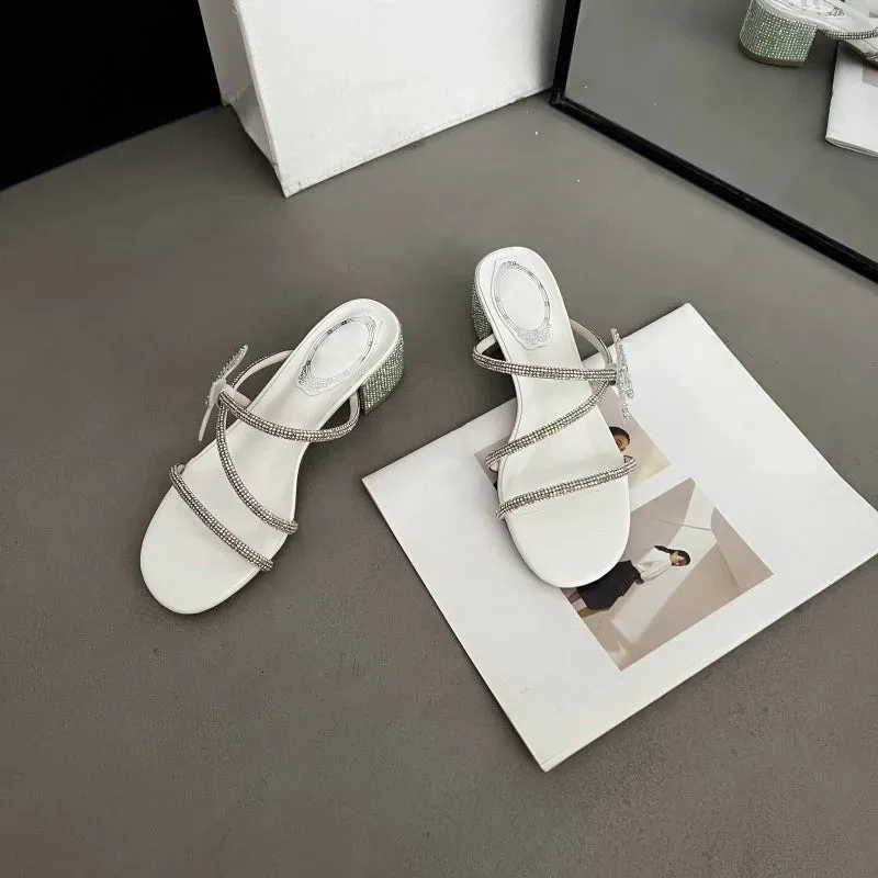 Liyke Marke Modedesign Glitter Strass Bowknot Frauen Hausschuhe Kristall Schmal band Low Heels Schuhe Sommerfest Sandalen Slippers Size Up Or Down