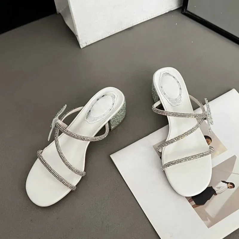 Liyke Marke Modedesign Glitter Strass Bowknot Frauen Hausschuhe Kristall Schmal band Low Heels Schuhe Sommerfest Sandalen Tasman Sand Slippers