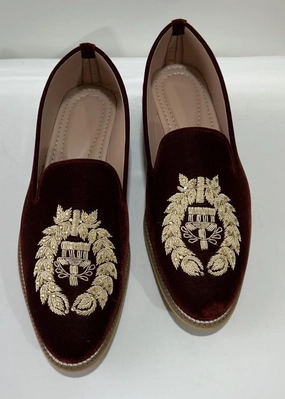 Fur Loafers MAROON EMB SHOES FOR MEN