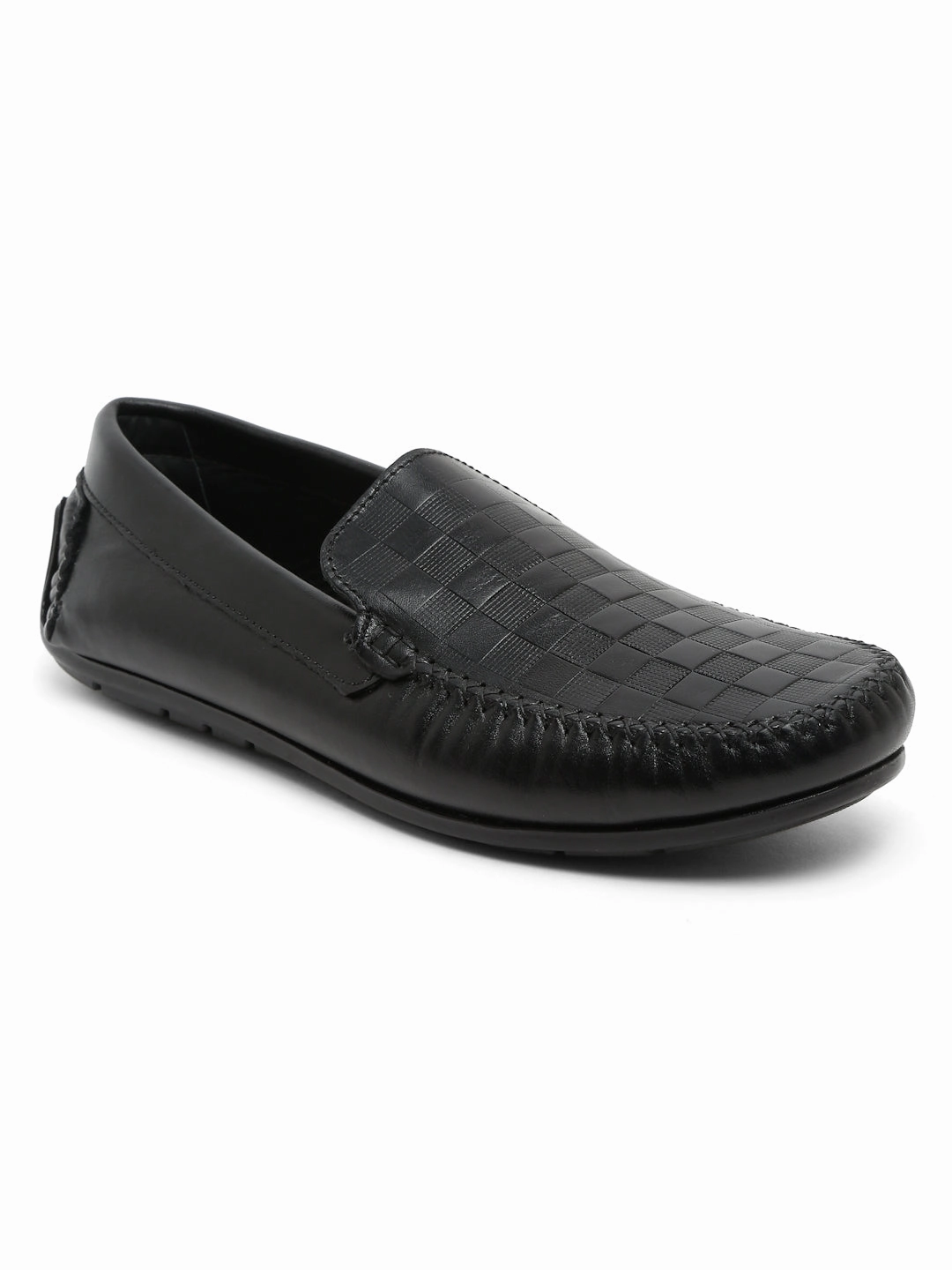 Casual Bike Clip Shoes Men Black Texture Genuine Leather Loafers