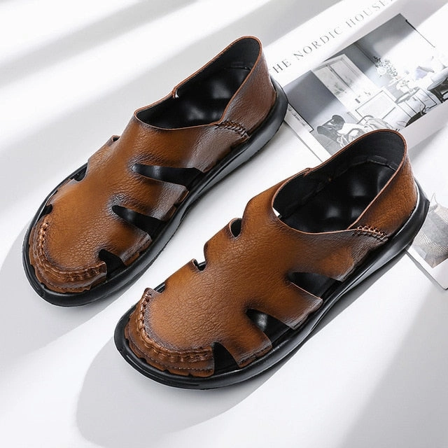 Men Cow Leather Sandals Patent Flat Shoes