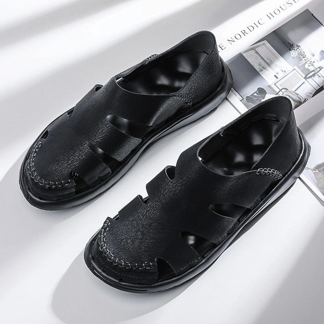 Men Cow Leather Sandals Flat Lace Shoes