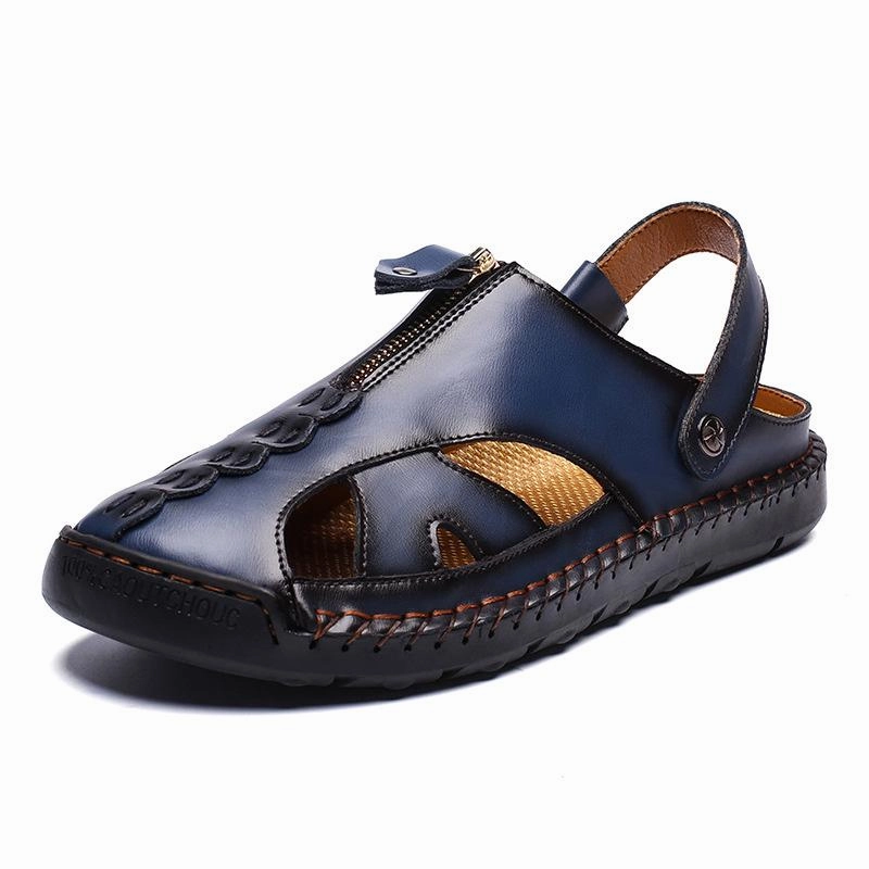 Men Genuine Leather Beach Shoes Sandals Cogs Slippers With Ankle Support