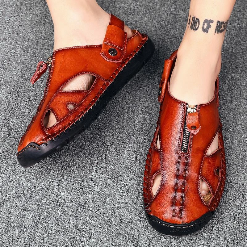 Men Genuine Leather Beach Shoes Sandals Cogs Pure Yeezy Slide