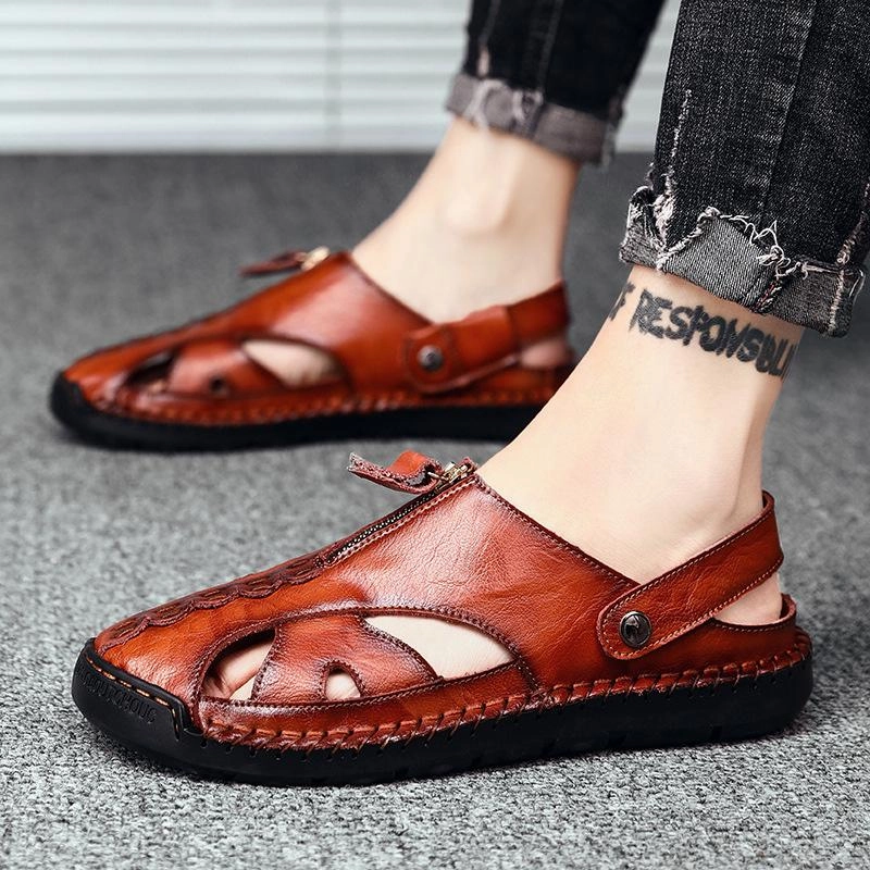Men Genuine Leather Beach Shoes Sandals Cogs Quiet Slippers For Hardwood