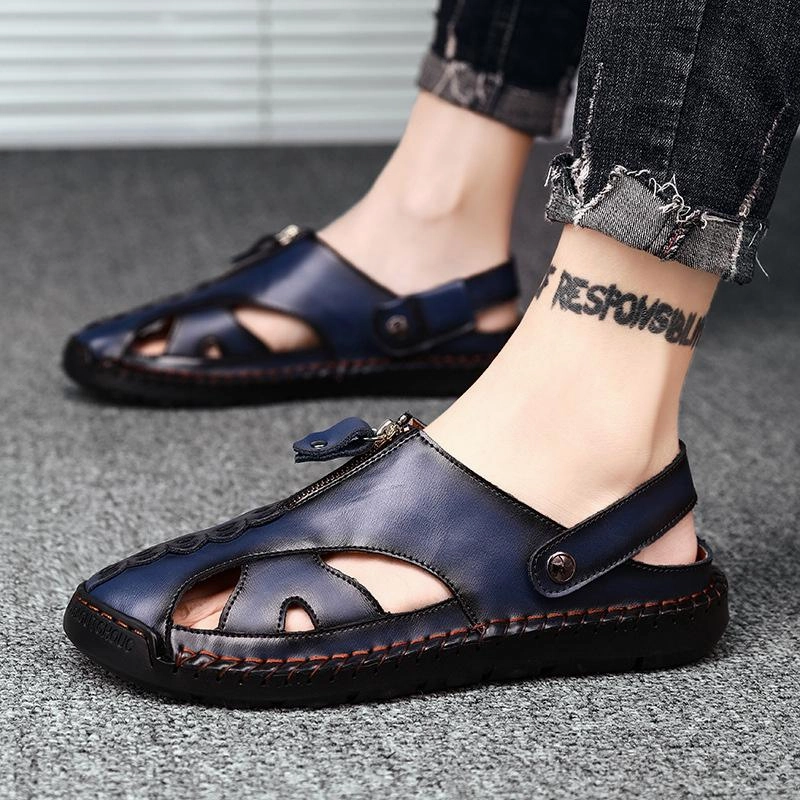 Woven Slippers Men Genuine Leather Beach Shoes Sandals Cogs