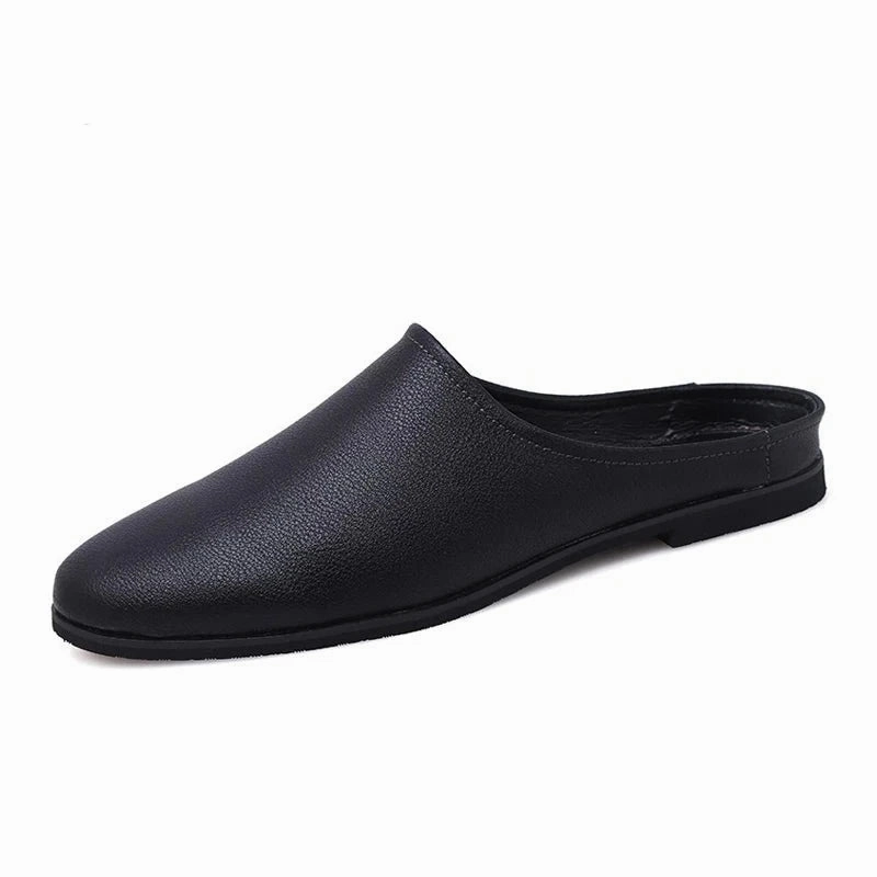 Back Open Slippers Men Half Shoes Non-slip Lightweight Black Leather Loafers