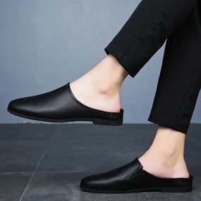 Footwear Slippers Men Half Shoes Non-slip Lightweight Black Leather Loafers