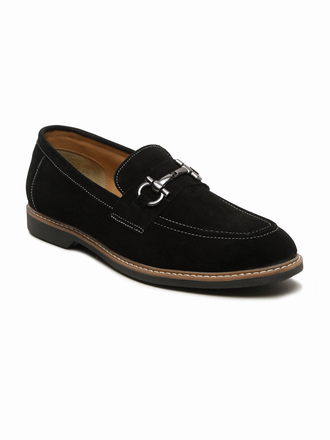 Men's BLACK Suede Leather Loafers With Antique Silver Buckle Heeled Loafers Outfit