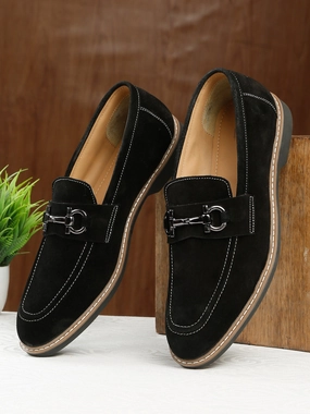 Men's BLACK Suede Leather Loafers With Antique Silver Buckle Loafers With Design