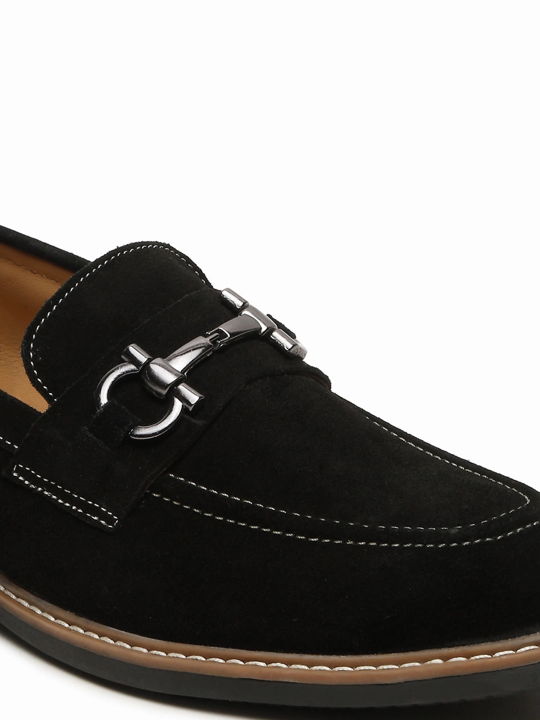 Men's BLACK Suede Leather Loafers With Antique Silver Buckle Van Loafers