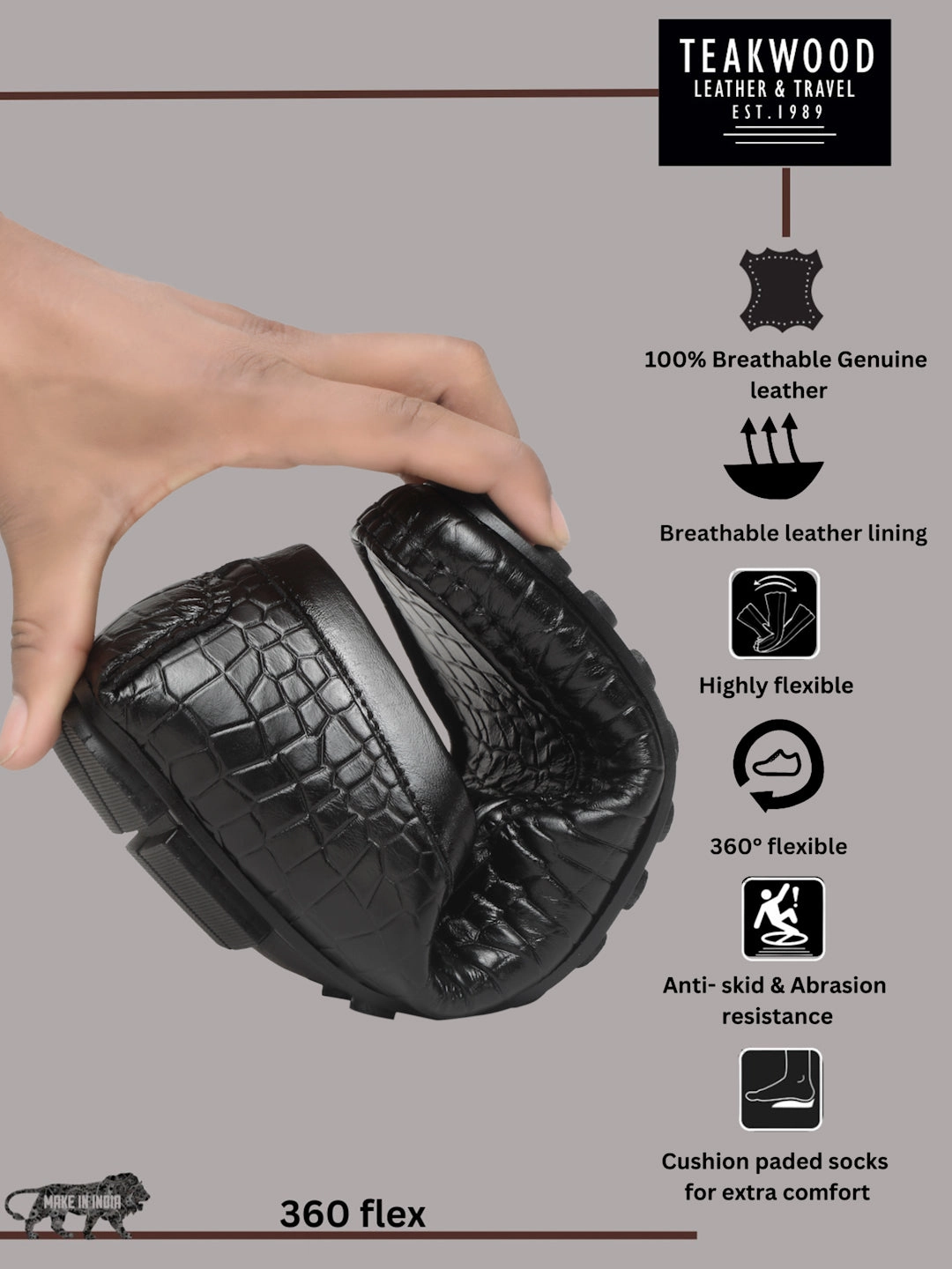 Men's Black Texture Leather Flexi 360 Loafers Boxing Shoes Casual Wear