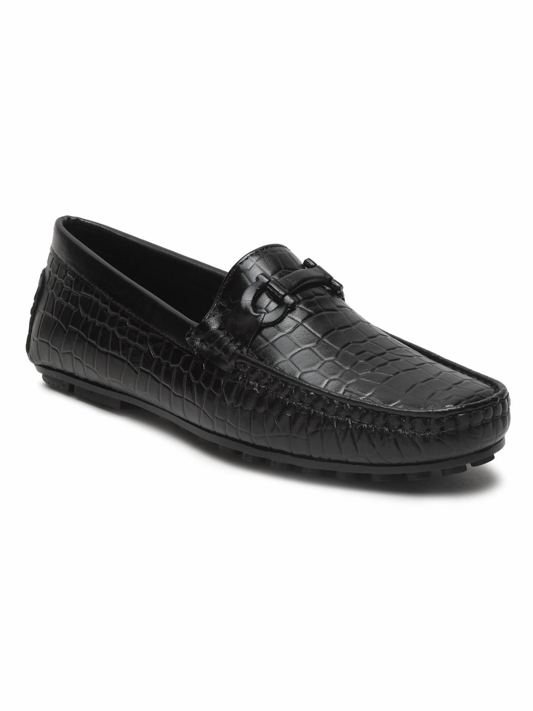 Men's Black Texture Leather Flexi 360 Loafers Clearance Casual Shoes