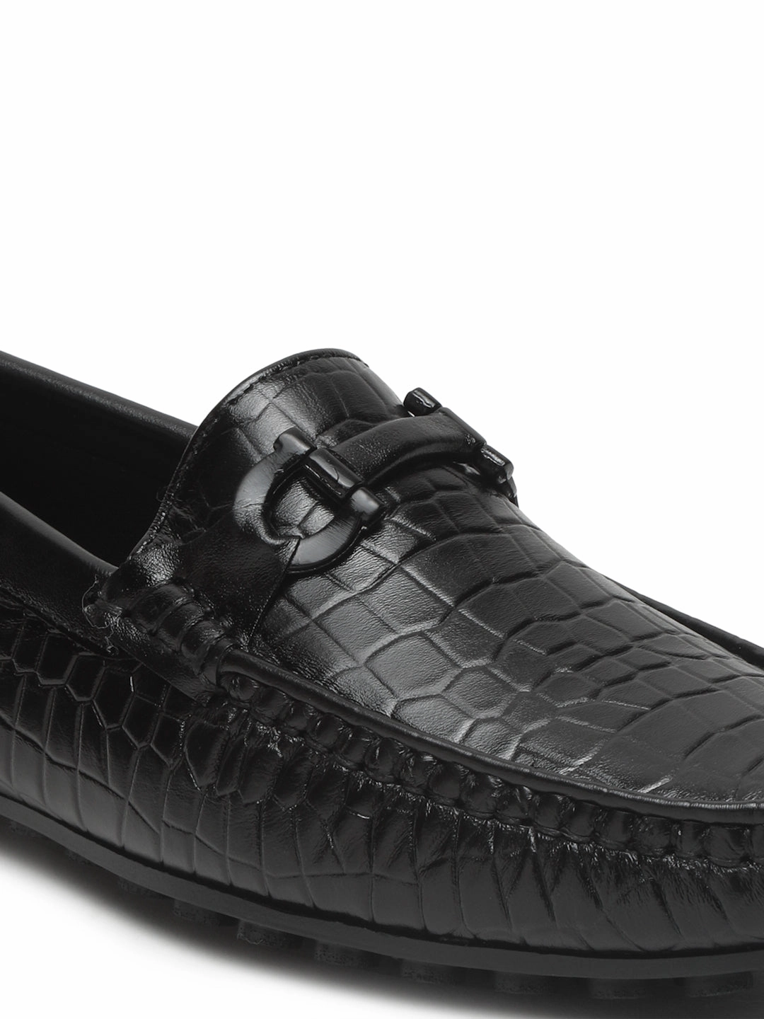 Casual Shoes For Kurta Pajama Men's Black Texture Leather Flexi 360 Loafers