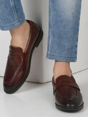 Contour Casual Spikeless Golf Shoes Men's Brown Classy Patterned Texture Leather Loafers