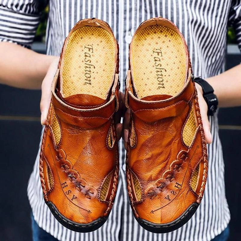 Men's Casual Breathable Handmade Leather Sandals Clog Slippers