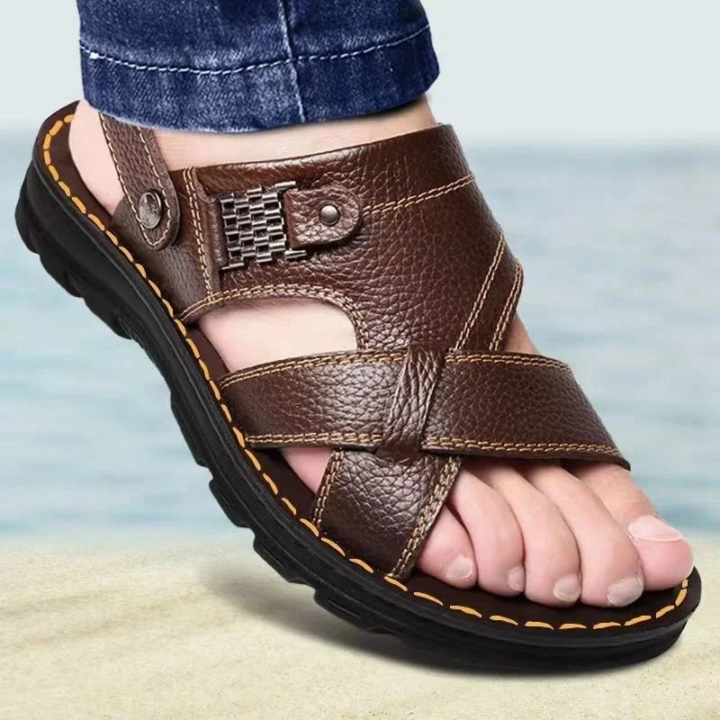 Light Brown Sandals Men's Sandals 2023 Summer New Non-slip Genuine Leather Sandals Soft Slippers Zapatos Flat For Mens Casual Shoes Sandalias Hombre
