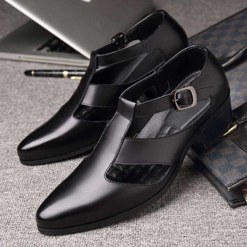 Men's Sandals New PU Leather Hollow High Heels Shoes Buckle Strap Closed Slip-on Sandals