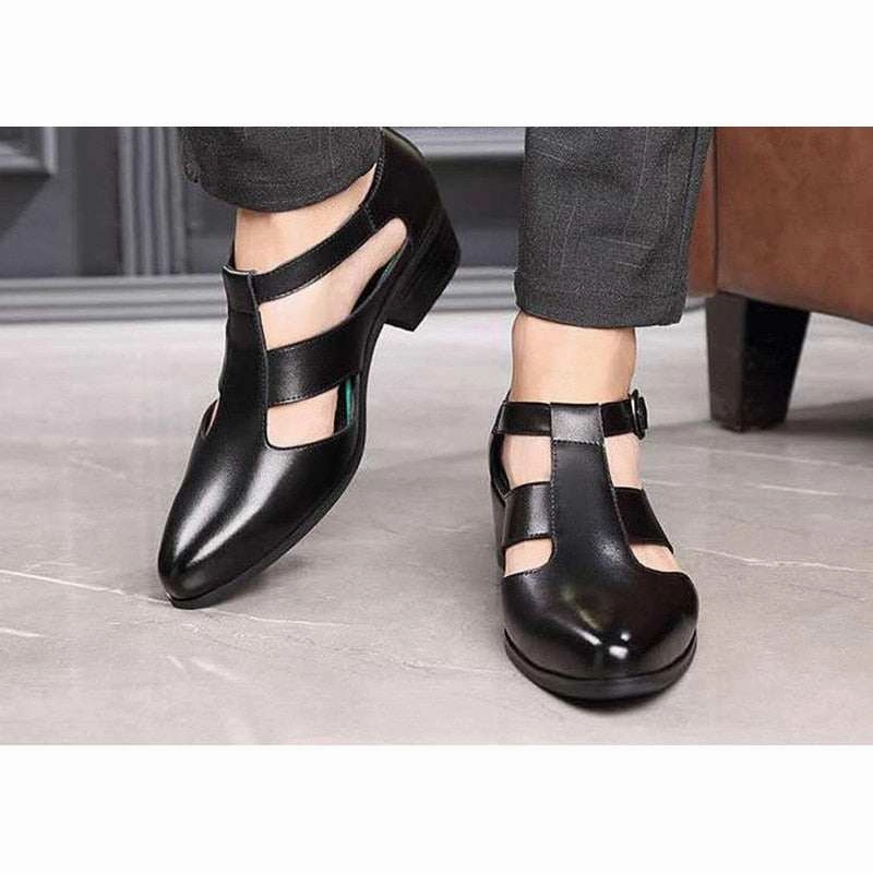 Men's Sandals New PU Leather Hollow High Heels Shoes Buckle Strap Closed Oofos Sandals