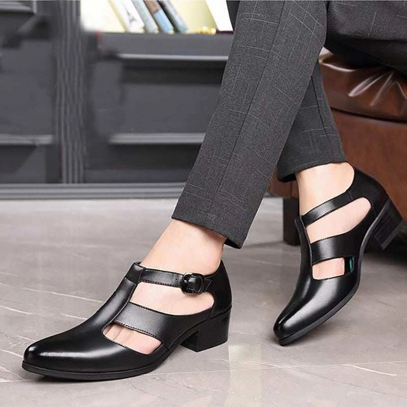 Sandals Resorts Caribbean Men's Sandals New PU Leather Hollow High Heels Shoes Buckle Strap Closed