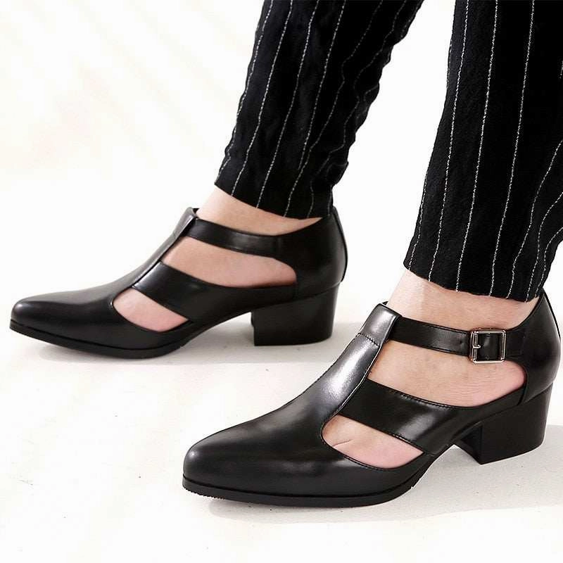 Men's Sandals New PU Leather Hollow High Heels Shoes Buckle Strap Closed Discount Sandals