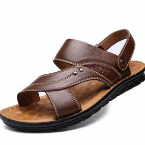Men's Summer Genuine Leather Sandals Comfortable Slip-on Beach Shoes Wool Slippers