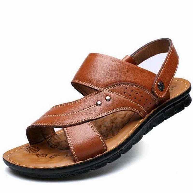 Men's Summer Genuine Leather Sandals Comfortable Slip-on Beach Shoes Toddler Slides