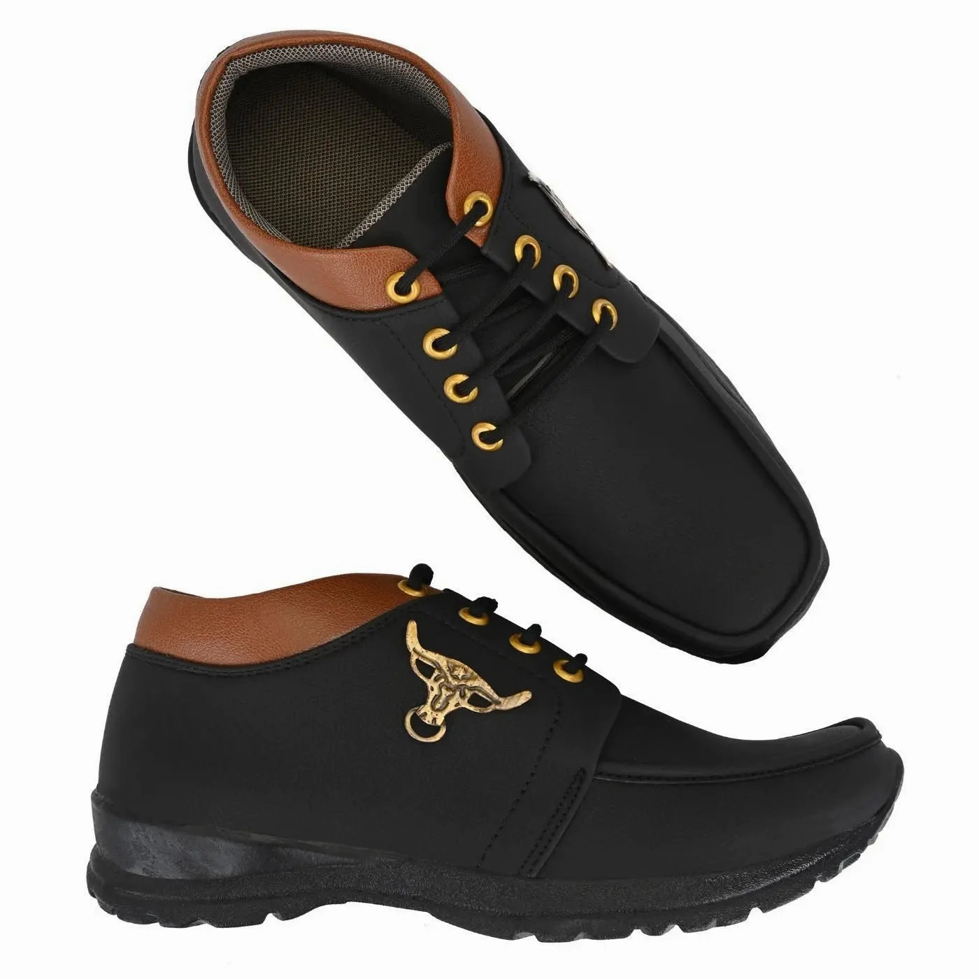 Men's Synthetic Leather Lace Up Boot Slide Leather Shoes Black Slip On Shoes Casual