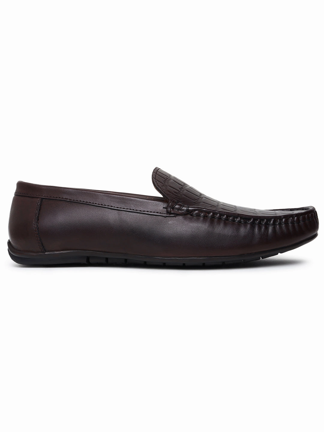 Men Texture Genuine Leather Brown Loafers Brad Pitt Casual Shoes