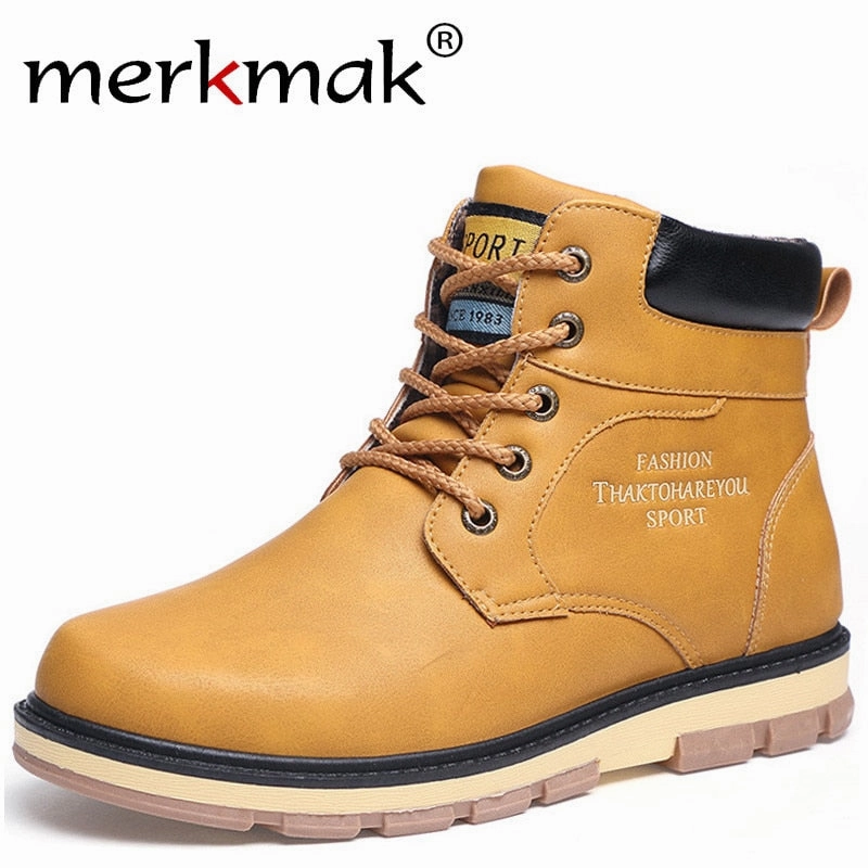 Merkmak Brand Warm Men Winter Boots High Quality PU Leather Wear Resisting Anti-skid Casual Shoes Working Fahsion Men's Boot Running Shoes With Flat Feet