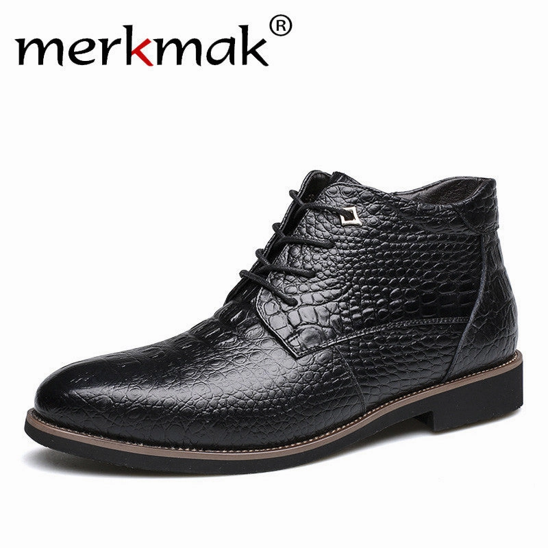 Merkmak Luxury Brand Men Winter Boots Warm Thicken Fur Men's Ankle Boots Fashion Male Business Office Formal Leather Shoes Shoes For Overweight Flat Feet