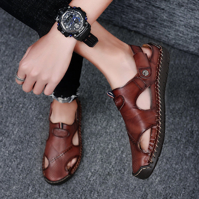 Sandals Black White Miguel - Men Leather Sandals Summer Non-slip Breathable Slip on