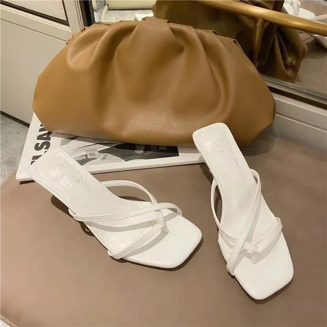 Tagalog Slippers New Summer Heel Women Slippers Square Toe Slip On Shoes Ladies Dress Thin Heel Female Outdoor Party Slides sandalias mujer