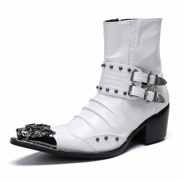 Fashion Genuine Leather Rivets Men Ankle Boots Formal Dress Shoes Pointed Toe Metal Toes Chelsea Boots Cowboy Boots Jeans Flat Shoes