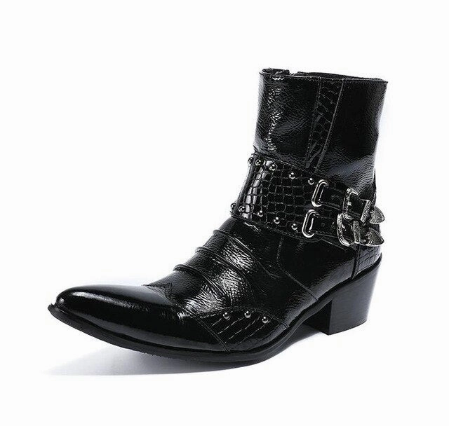 Fashion Genuine Leather Rivets Men Ankle Boots Formal Dress Shoes Pointed Toe Metal Toes Chelsea Boots Cowboy Boots Sims 4 Flat Shoes