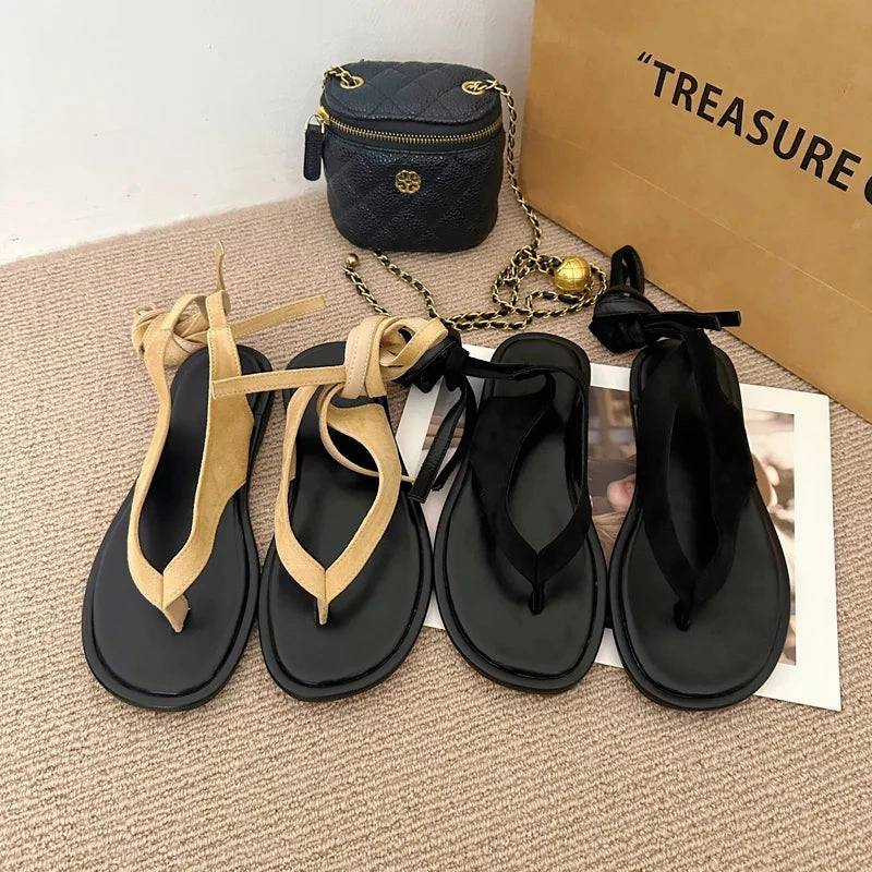 binfenxie  -  Black Flat Flip Flops Women Sandals Casual Cross Strappy Beach Shoes Summer Outdoor Flats Sandals Brown Sandales Femmes 2024 Flip Flops On Feet