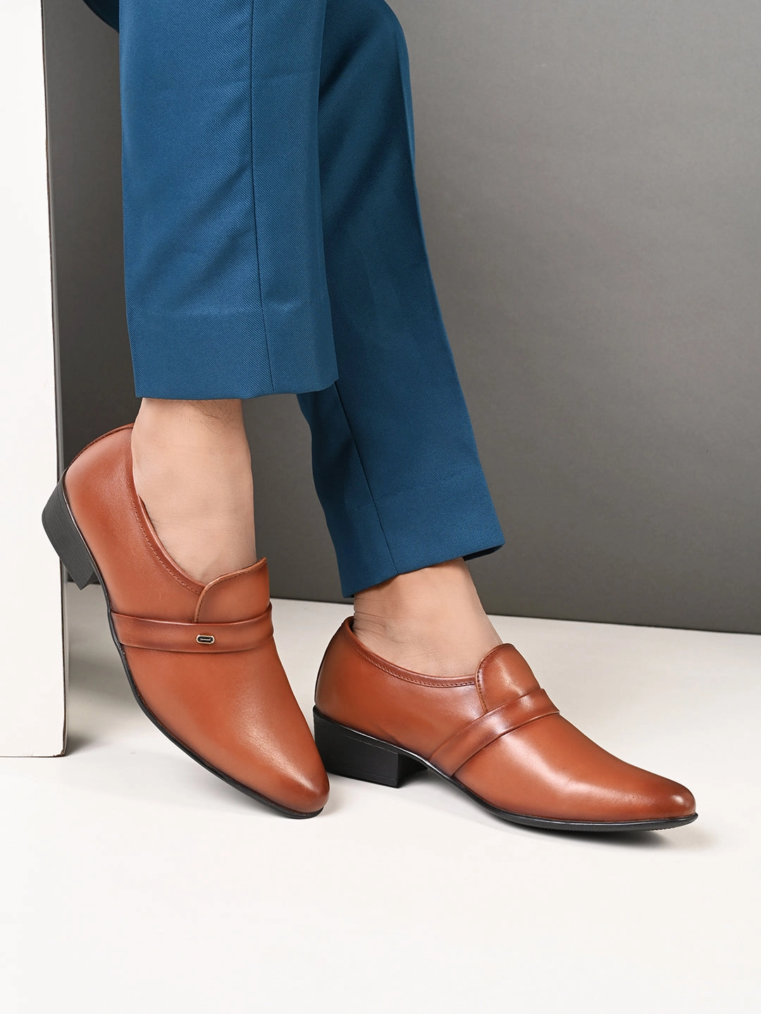 Pelle Albero Cognac Leather Slip on Cuban Heel Formal Shoes For Men Ancient Greek Sandals Eleftheria