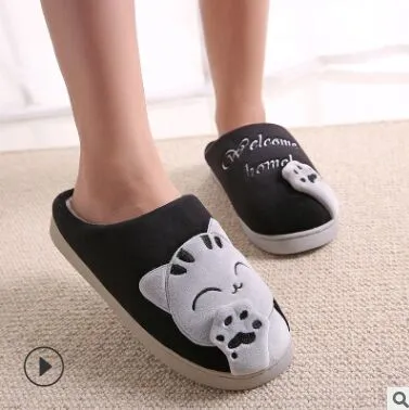 Emoji Slides Cat Animal Prints Cute Home Slippers Short Plush Warm Soft Cotton Women Slippers Loves Floor Indoor Shoes Women Large Size 45
