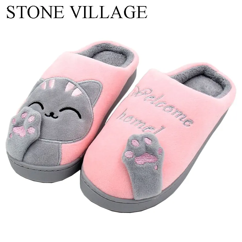Pj Slippers Cat Animal Prints Cute Home Slippers Short Plush Warm Soft Cotton Women Slippers Loves Floor Indoor Shoes Women Large Size 45