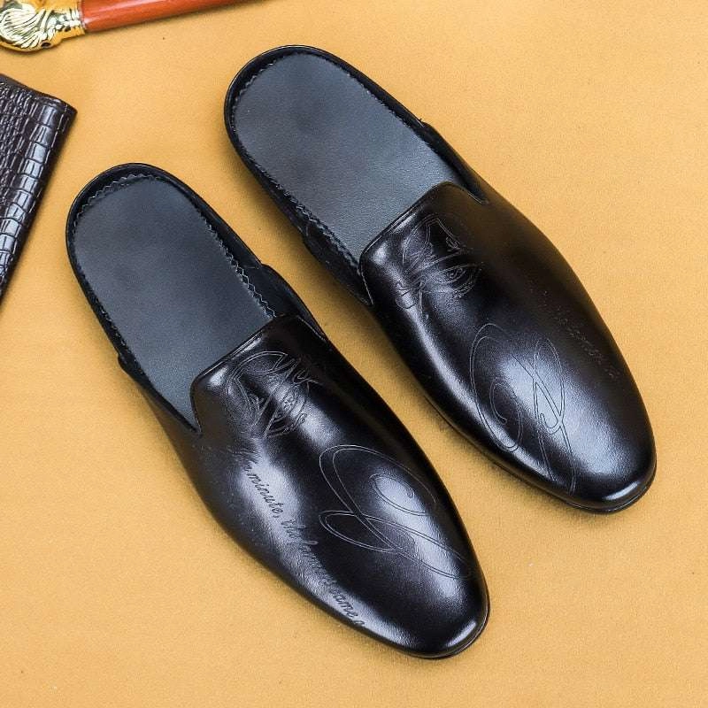 Italian Luxury Men's Slippers Genuine Leather Slip-On Loafers Slides Rubber