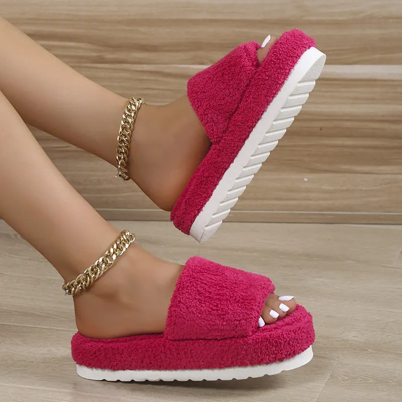 Fuzzy Slippers Women Winter House Shoes Platform Wedge Slides