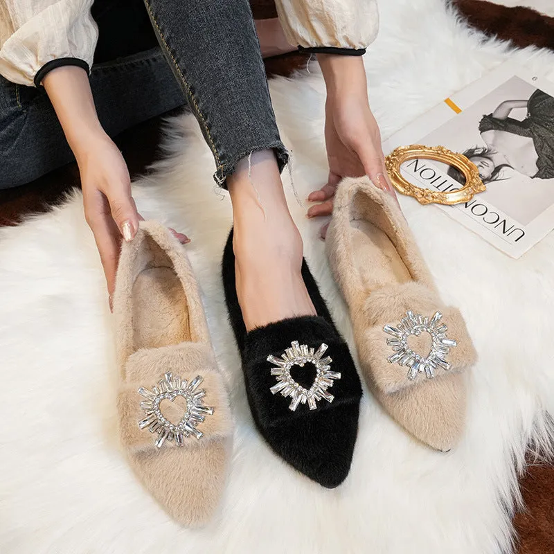Ku'i Slippers Women Faux-Fur Loafers Warm Winter Fleece Flat Pointed Rhinestones Casual Shoes