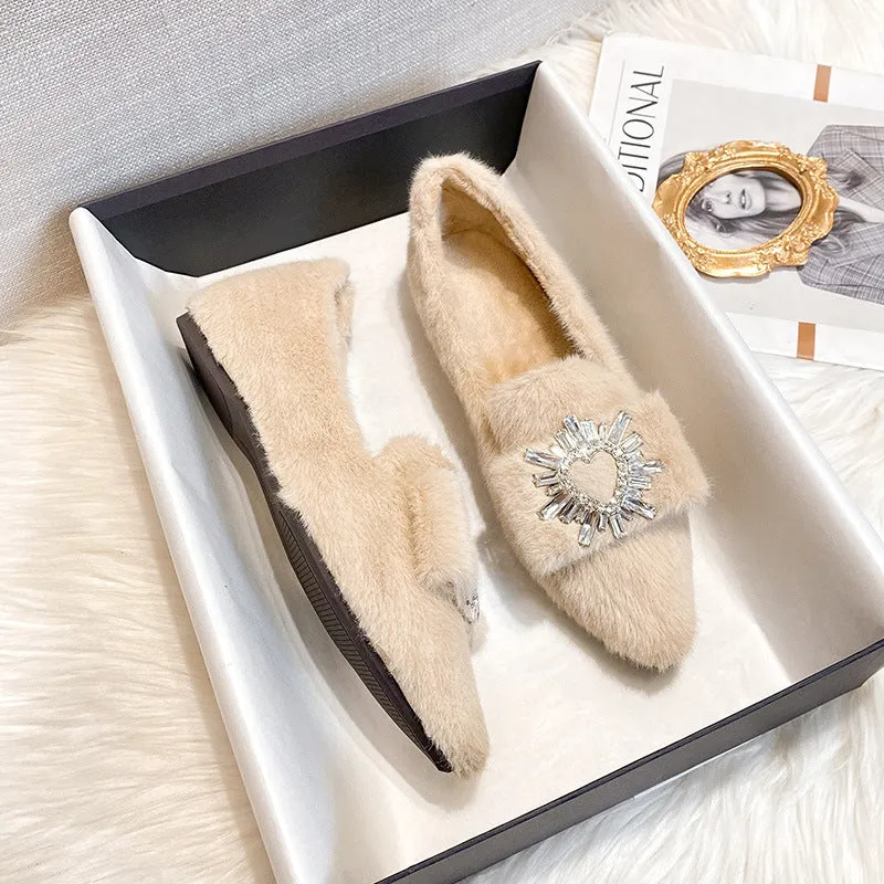 Women Faux-Fur Loafers Warm Winter Fleece Flat Pointed Rhinestones Casual Shoes Hedgehog In Slippers