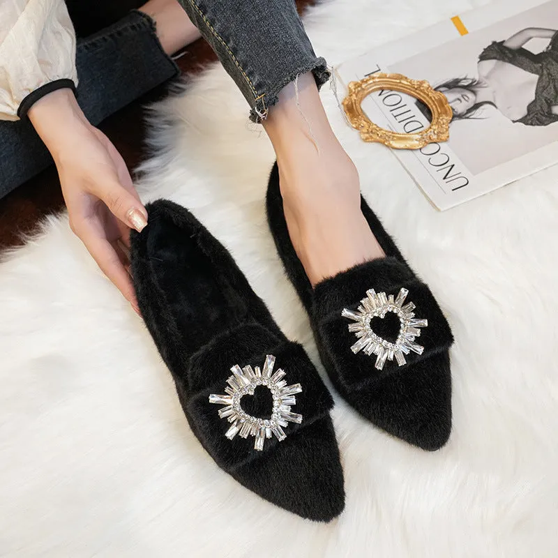 Women Faux-Fur Loafers Warm Winter Fleece Flat Pointed Rhinestones Casual Shoes Slippers With A Wedge