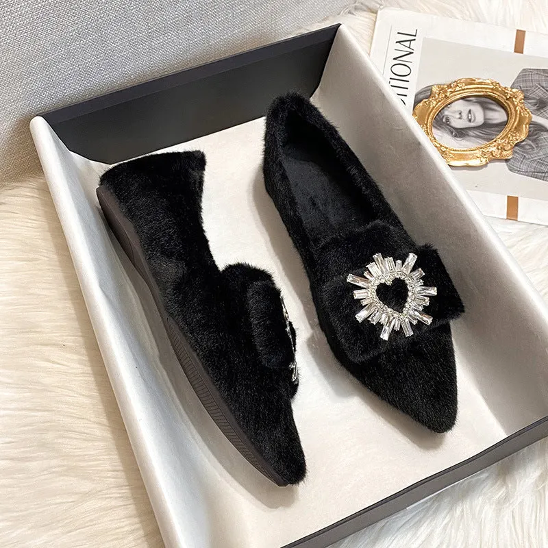 House Slippers Amazon Women Faux-Fur Loafers Warm Winter Fleece Flat Pointed Rhinestones Casual Shoes