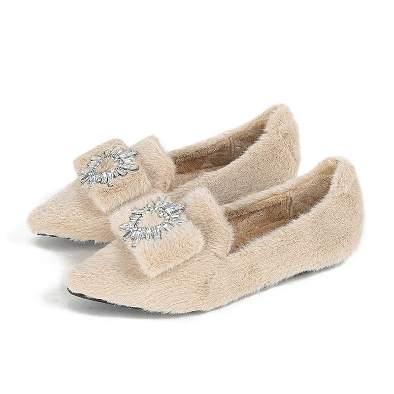 Slippers Boots Women Faux-Fur Loafers Warm Winter Fleece Flat Pointed Rhinestones Casual Shoes