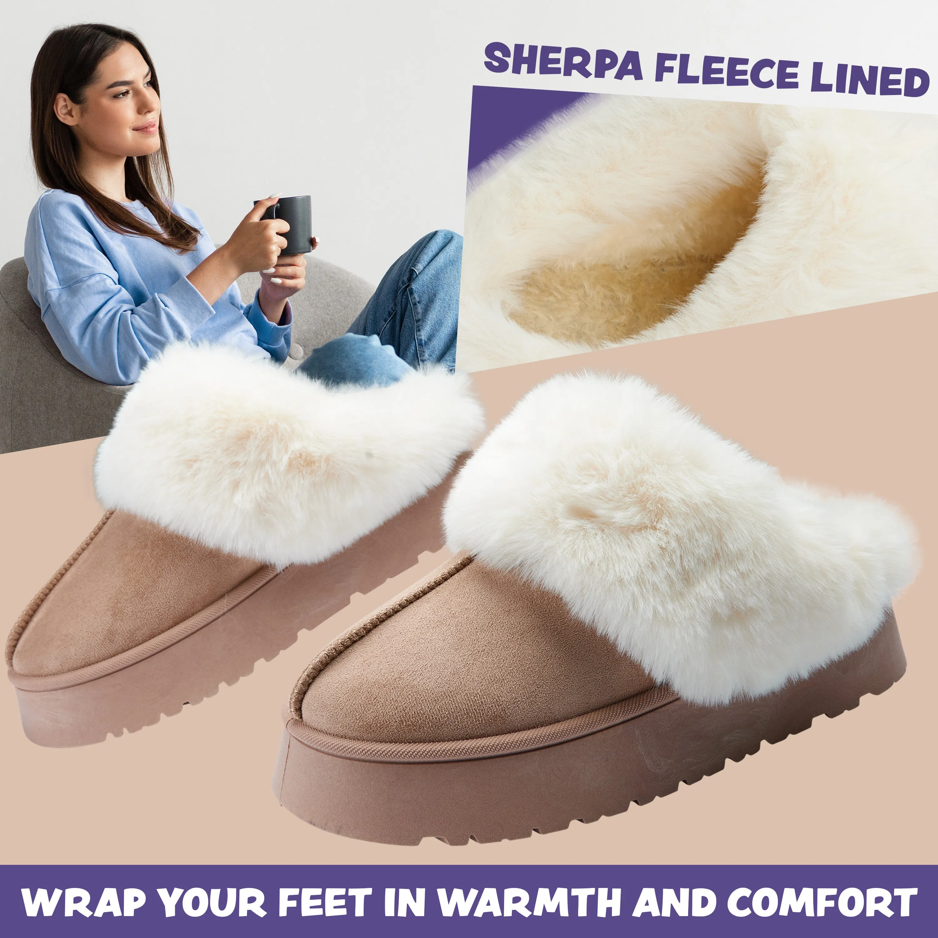CityComfort Sherpa Lined Slippers,Slip-On House Shoes with Non Slip Sole - Gifts For Her Gripper Slippers For Adults